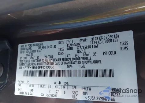 2015 Ford F-150 Xlt z USA, uszkodzony, nr VIN 1FTFX1EG4FFC13038